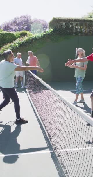 Vertical Video Happy Diverse Senior Men Women Shaking Hands Tennis — Αρχείο Βίντεο