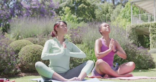 Sorelle Biraciali Felici Che Fanno Yoga Meditano Giardino Rallentatore Trascorrere — Video Stock