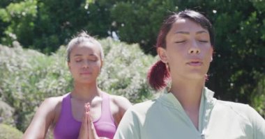 Çift ırklı kız kardeşler yoga yapıyor ve bahçede yavaş çekimde meditasyon yapıyor. Kaliteli zaman, yaşam tarzı, aile hayatı, aile ve kardeş kavramı.