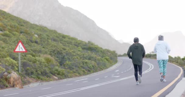 Feliz Casal Biracial Sênior Passar Tempo Juntos Caminhadas Montanhas Caminhadas — Vídeo de Stock