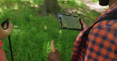 Sırt çantalarıyla gezen ve parkta haritalı tablet kullanan farklı çiftler, yavaş çekim. Doğa, yürüyüş ve park konsepti.