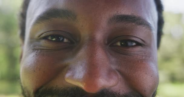 Портрет Щасливого Афроамериканського Чоловіка Який Дивиться Камеру Парку Сповільнює Рух — стокове відео