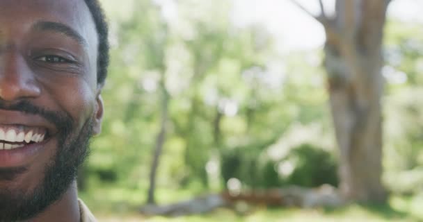 Egy Boldog Afro Amerikai Férfi Portréja Aki Kamerát Nézi Parkban — Stock videók
