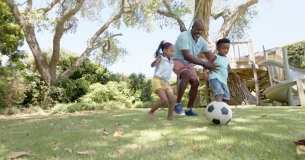 Glückliche Afrikanisch Amerikanische Großeltern Mit Enkeln Die Garten Fußball Spielen — Stockvideo