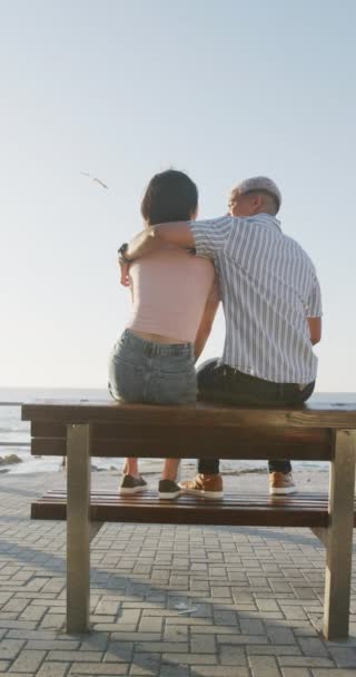Vertical Video Happy Biracial Couple Sitting Bench Embracing Promenade Slow — Stock Video