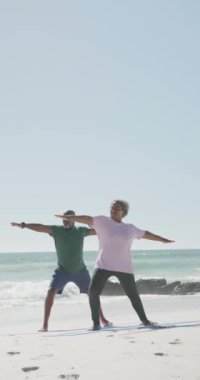 Yaşlı Afro-Amerikan çiftin yavaş çekimde plajda yoga yaptığı dikey bir video. Kaliteli zaman, yaşam tarzı, emeklilik ve tatil konsepti.