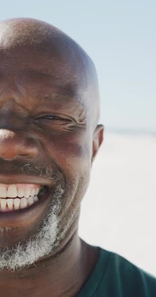 Video Verticale Ritratto Felice Anziano Afroamericano Che Sorride Alla Spiaggia — Video Stock