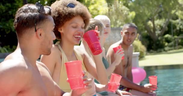 Mutlu Çeşitli Arkadaşlar Yazın Havuz Partisinde Içki Içip Sohbet Ediyorlar — Stok video