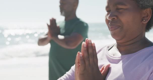 Heureux Couple Afro Américain Senior Qui Fait Yoga Médite Plage — Video
