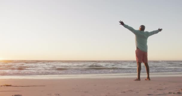 快乐的资深非洲裔美国人在海滩张开双臂 慢动作 有复制的空间 花费高质量的时间 生活方式 退休和度假概念 — 图库视频影像