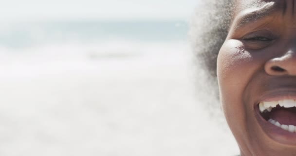 Ritratto Felice Donna Afroamericana Anziana Sorridente Spiaggia Rallentatore Con Spazio — Video Stock