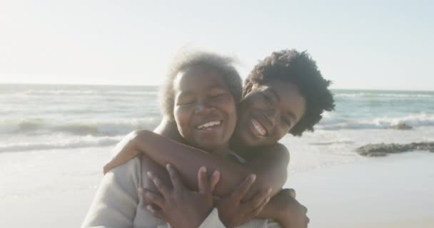 Retrato Madre Afroamericana Mayor Hija Adulta Abrazándose Playa Cámara Lenta — Vídeos de Stock