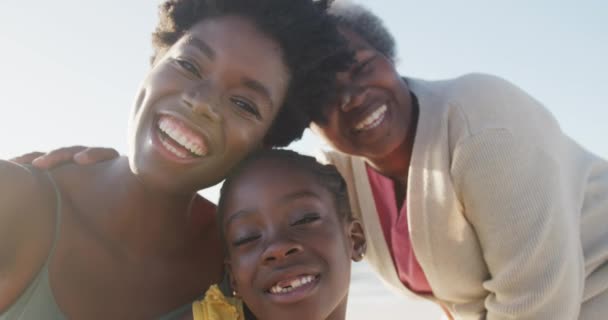Retrato Feliz Avó Afro Americana Mãe Filha Sorrindo Praia Câmera — Vídeo de Stock