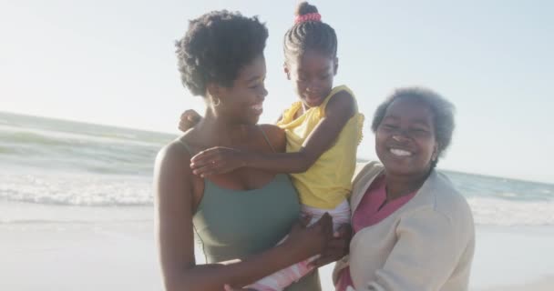 Retrato Feliz Abuela Afroamericana Madre Hija Sonriendo Playa Cámara Lenta — Vídeos de Stock
