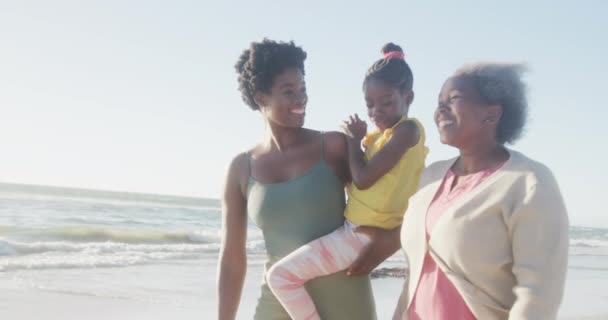 Feliz Abuela Afroamericana Madre Hija Caminando Playa Cámara Lenta Pasar — Vídeos de Stock