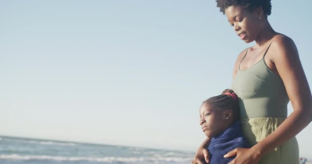 Boldog Afro Amerikai Anya Lánya Ölelkeznek Parton Lassított Felvételen Fénymásolási — Stock videók