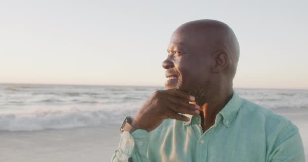 Mulher Americana Africana Sênior Feliz Sorrindo Praia Câmera Lenta Passar — Vídeo de Stock