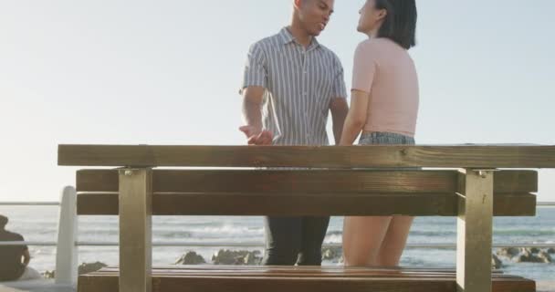 Heureux Couple Biracial Assis Sur Banc Sur Promenade Ralenti Romance — Video