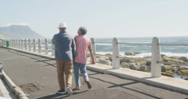 Mutlu kıdemli Afro-Amerikan çifti deniz kenarında ağır çekimde geziniyor. Kaliteli zaman, yaşam tarzı, tatil ve emeklilik.
