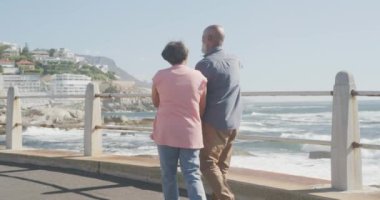 Mutlu kıdemli Afro-Amerikan çifti deniz kenarında ağır çekimde geziniyor. Kaliteli zaman, yaşam tarzı, tatil ve emeklilik.