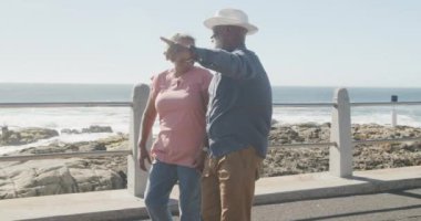 Mutlu kıdemli Afro-Amerikan çifti deniz kenarında ağır çekimde geziniyor. Kaliteli zaman, yaşam tarzı, tatil ve emeklilik.