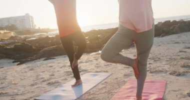 Mutlu Afrika kökenli Amerikalı çift yoga yapıyor, plajda meditasyon yapıyor, ağır çekimde. Kaliteli zaman, yaşam tarzı, tatil ve emeklilik.