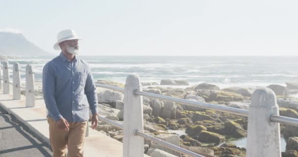 Glücklicher Älterer Afrikanisch Amerikanischer Mann Der Die Strandpromenade Entlang Geht — Stockvideo