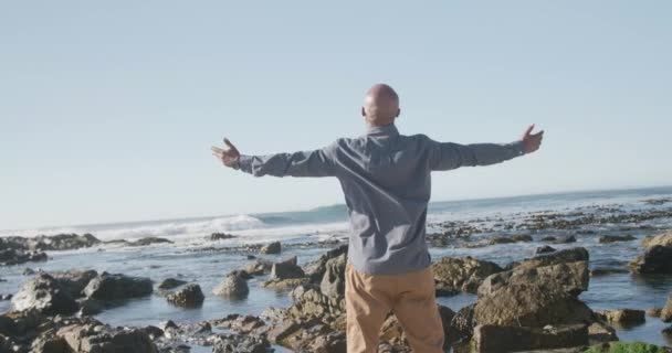 アフリカ系アメリカ人のシニアビーチで腕を広げ スローモーション 質の高い時間 ライフスタイル 退職を過ごす — ストック動画