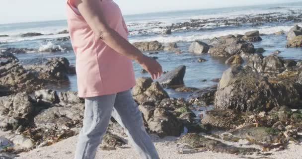 Mujer Afroamericana Mayor Caminando Playa Espacio Para Copiar Cámara Lenta — Vídeos de Stock