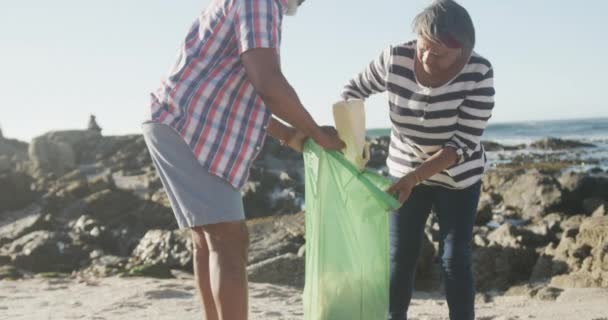 Kıdemli Afro Amerikan Çift Plajı Temizliyor Ağır Çekimde Kaliteli Zaman — Stok video