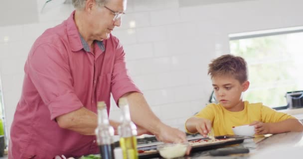 Happy Caucasian Grandfather Grandson Making Pizza Kitchen Slow Motion Spending — Stock Video