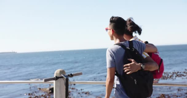 Feliz Diverso Gay Masculino Casal Abraçando Passeio Marítimo Câmera Lenta — Vídeo de Stock