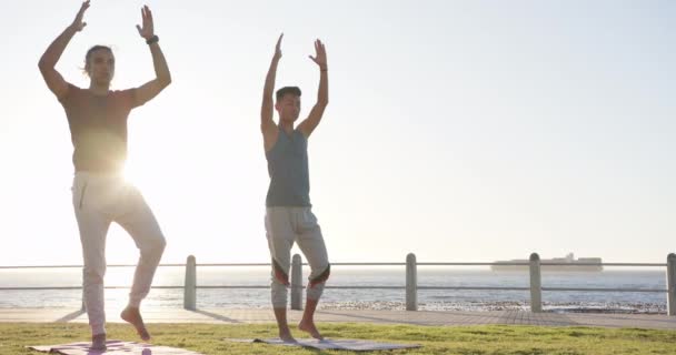 Feliz Pareja Gay Masculina Diversa Haciendo Yoga Meditando Paseo Marítimo — Vídeos de Stock