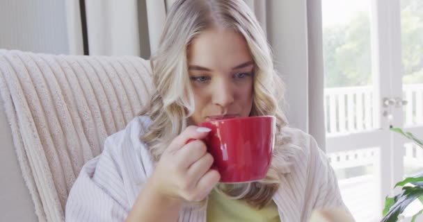 Retrato Mulher Caucasiana Feliz Size Sentado Poltrona Beber Café Câmera — Vídeo de Stock