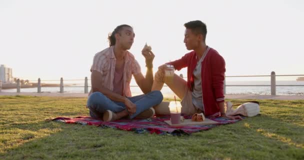Happy Diverse Gay Male Couple Having Picnic Promenade Sea Slow — Stock Video