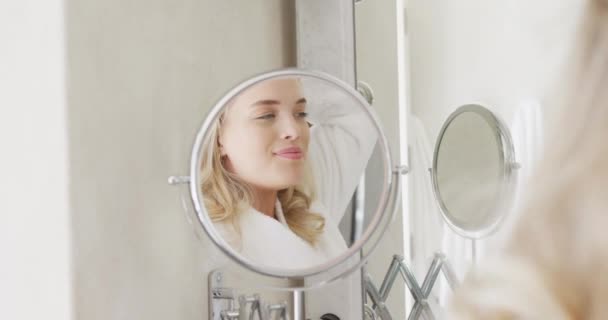 Happy Caucasian Size Woman Wearing Bathrobe Brushing Hair Bathroom Slow — Stock Video