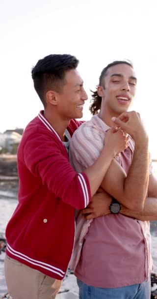 Vertical Video Happy Diverse Male Couple Embracing Beach Slow Motion — Stock Video