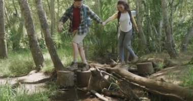Sırt çantalı ve ormanda yürüyüş yapan mutlu Afro-Amerikan çifti. Kaliteli zaman geçirmek, yaşam tarzı, doğa, yürüyüş ve kamp..