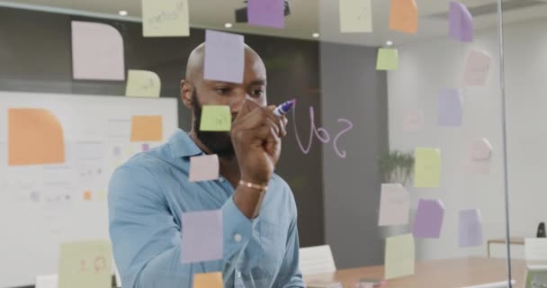 非裔美国商人头脑风暴 缓慢地在办公室的玻璃墙上做笔记 创造力和工作 — 图库视频影像