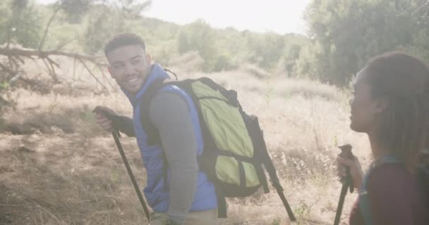Happy African American Couple Hiking Trekking Poles Forest Slow Motion — Stock Video