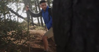 Afrika kökenli Amerikalı çift ormanda yürüyüş yaparken, ağır çekimde mutlu. Kaliteli zaman geçirmek, yaşam tarzı, doğa, yürüyüş ve kamp..