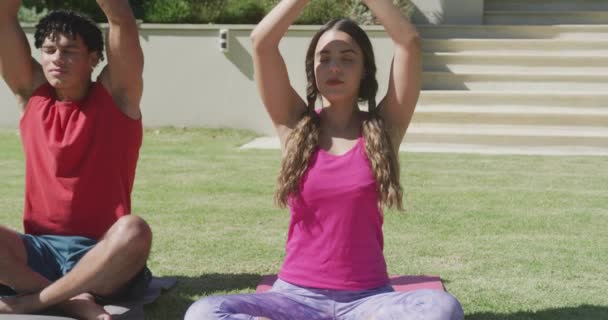 Gericht Biraciaal Paar Beoefenen Yoga Mediteren Tuin Zonnige Dag Vrije — Stockvideo