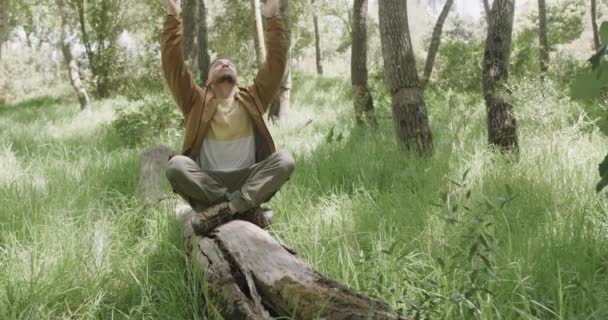 Afrika Kökenli Amerikalı Bir Adam Ağaç Gövdesinde Oturuyor Ormanda Meditasyon — Stok video