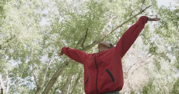 森の中で腕を広げている幸せなアフリカ系アメリカ人女性 スローモーション 質の高い時間 ライフスタイル ハイキング キャンプを過ごす — ストック動画