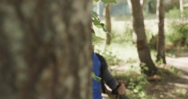 Afrika Kökenli Amerikalı Bir Adam Sırt Çantası Takıyor Ormanda Yürüyüş — Stok video