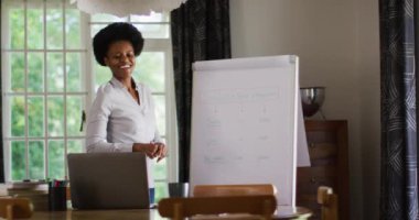 Evde çalışan gülümseyen Afro-Amerikan kadın video sunumu yapıyor. Karantina süresince evde tecrit altında kalmak.