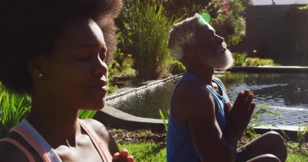 Afroameričtí Senioři Cvičí Jógu Sedí Meditují Rybníka Slunné Zahradě Pobyt — Stock video
