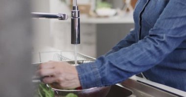 Kafkasyalı bir kadının mutfak lavabosunda sebze yıkaması, ağır çekimde. Yaşlı yaşam tarzı, beslenme ve sağlıklı beslenme, değişmemiş model..