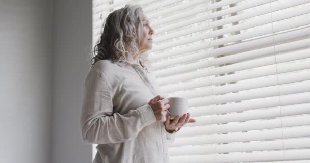 Старшая Белая Женщина Смотрит Окно Пьет Чай Замедленная Съемка Пенсионный — стоковое видео