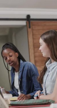 Dizüstü bilgisayar kullanan ve yavaş çekimde öğrenen çeşitli genç kız arkadaşlarının dikey videosu. Ev hayatı, eğitim ve teknoloji.